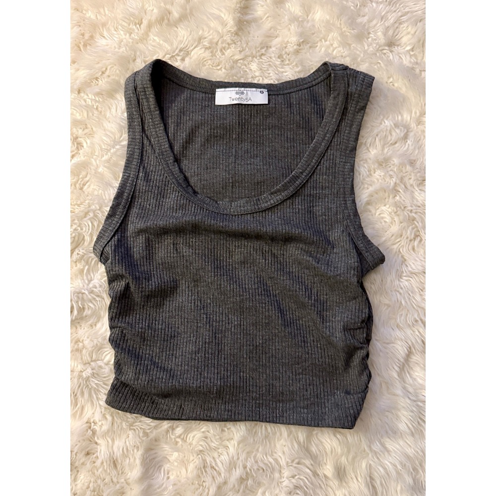 Twenty5A Tank Top Womens Small Grey Excellent Ribbed Ruched Side Scoop Neck
